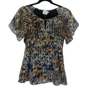 HD In Paris Womens Prisma Peacock Metallic Flutter Sleeve Keyhole Top Size US 2